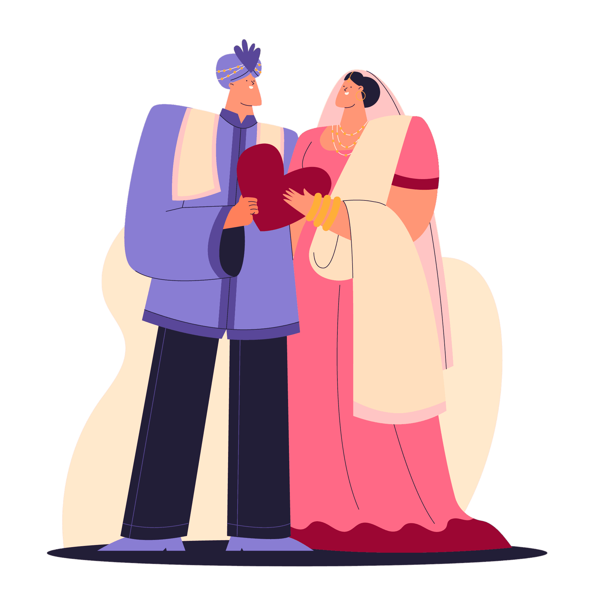 Couple holding a heart in traditional wedding attire